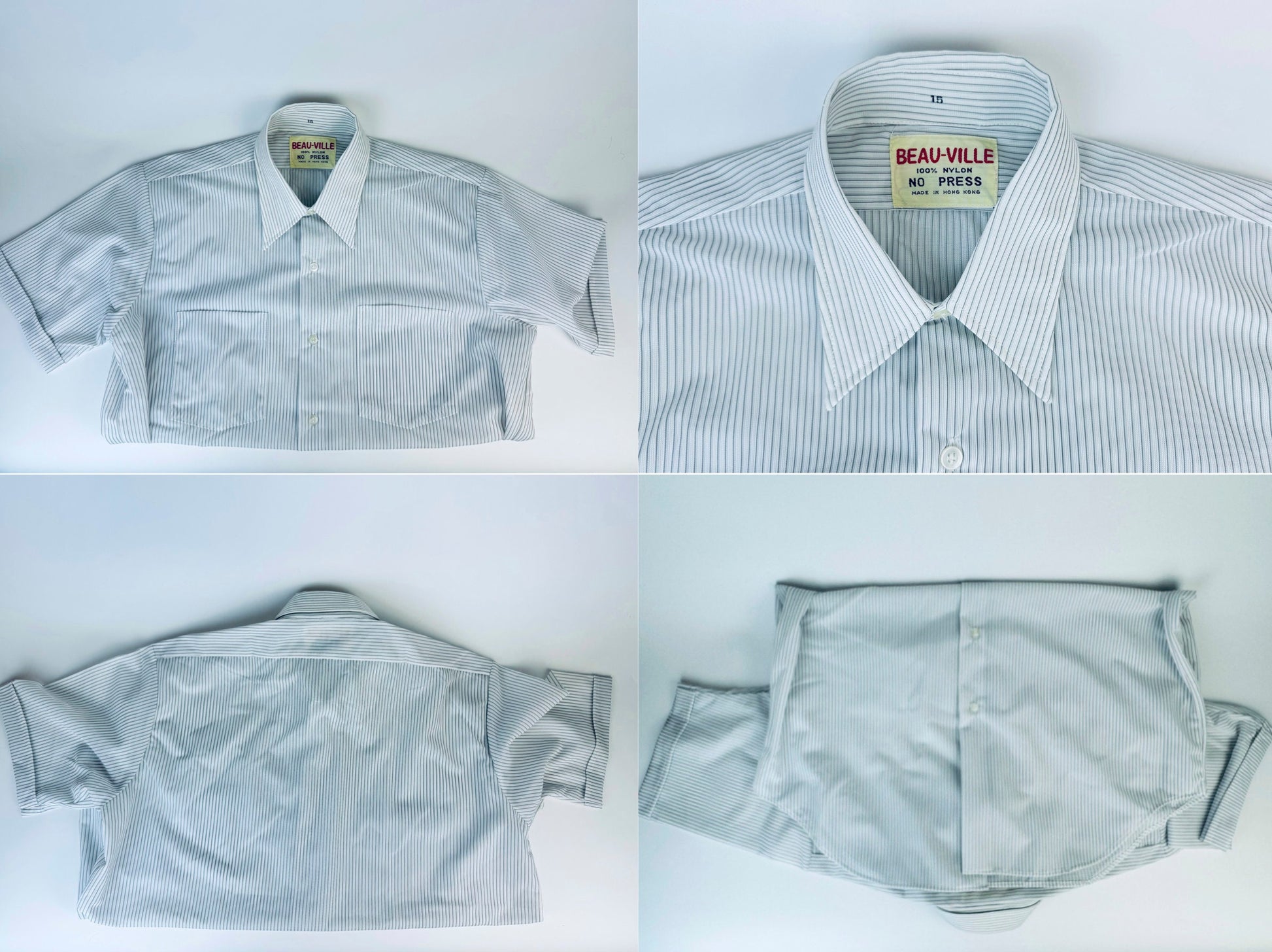 Product image for 'vintage 1970s blue grey striped short sleeve button up shirts 100 nylon made in hong kong by beau ville sold separately' (view ece4e9)