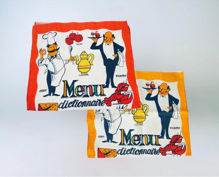 Product image for 'vintage menu dictionnaire linen tea towel statement towel en francais sold separately' (view 59017a)