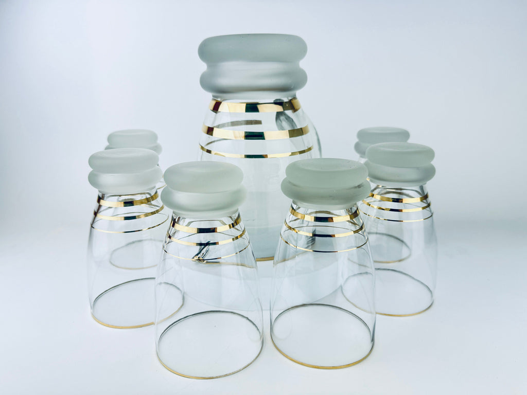Product image for 'vintage gold striped frosted glass decanter glassware barware set six 6 glasses' (view 32b82b)