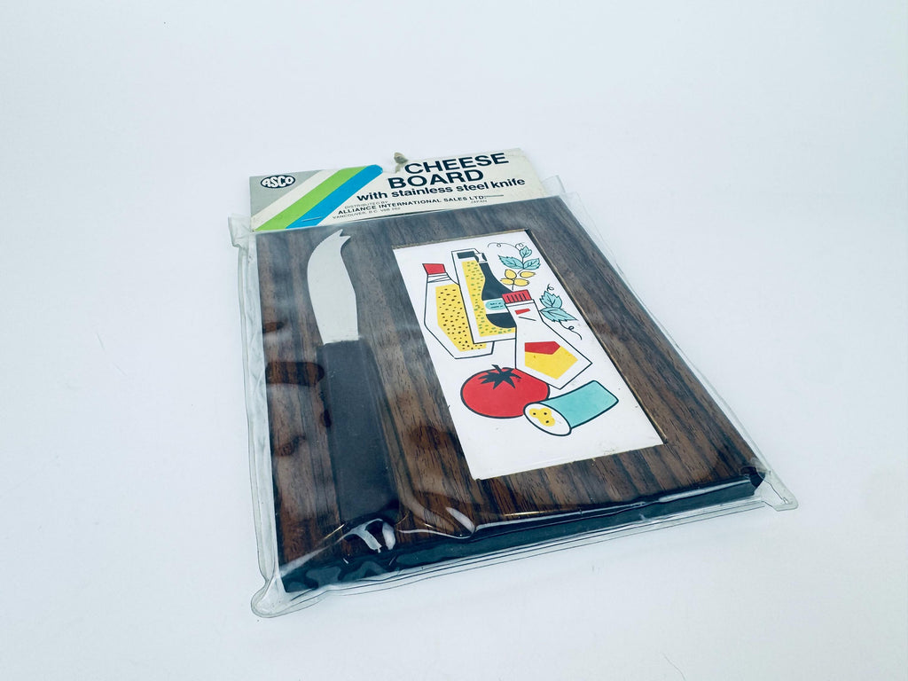 Product image for 'vintage 1970s mid century modern wood tile cheese board with stainless steel knife japan charcuterie serving tray' (view fbdcb3)