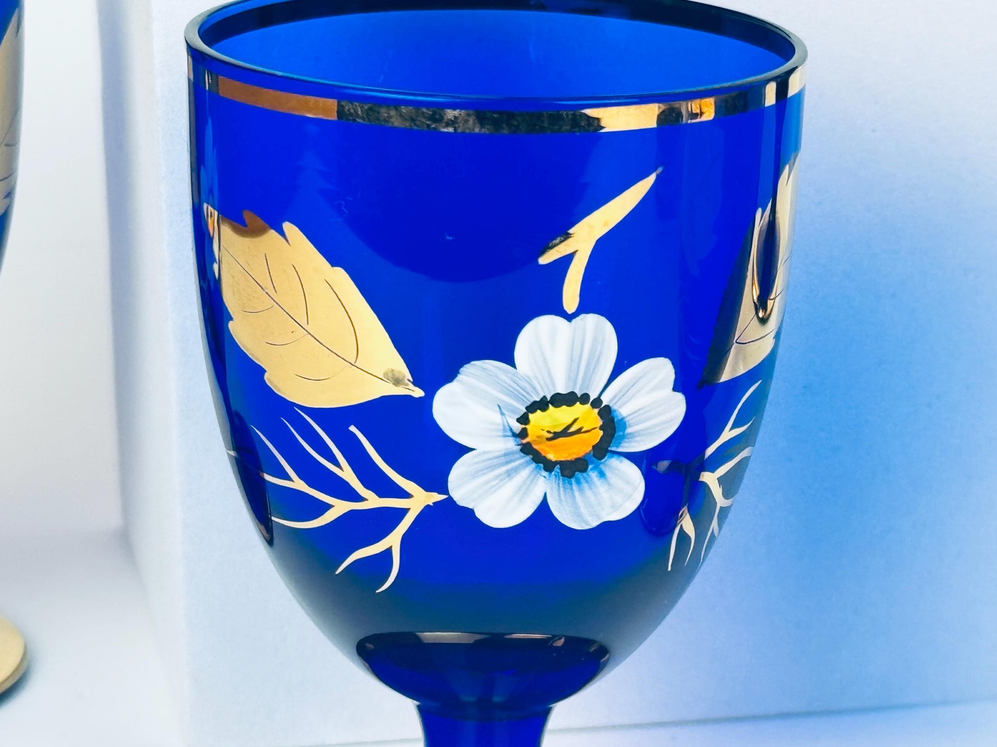 Product image for 'vintage cobalt blue glassware hand painted flowers gold rim small goblet and tumbler set' (view 9602e4)
