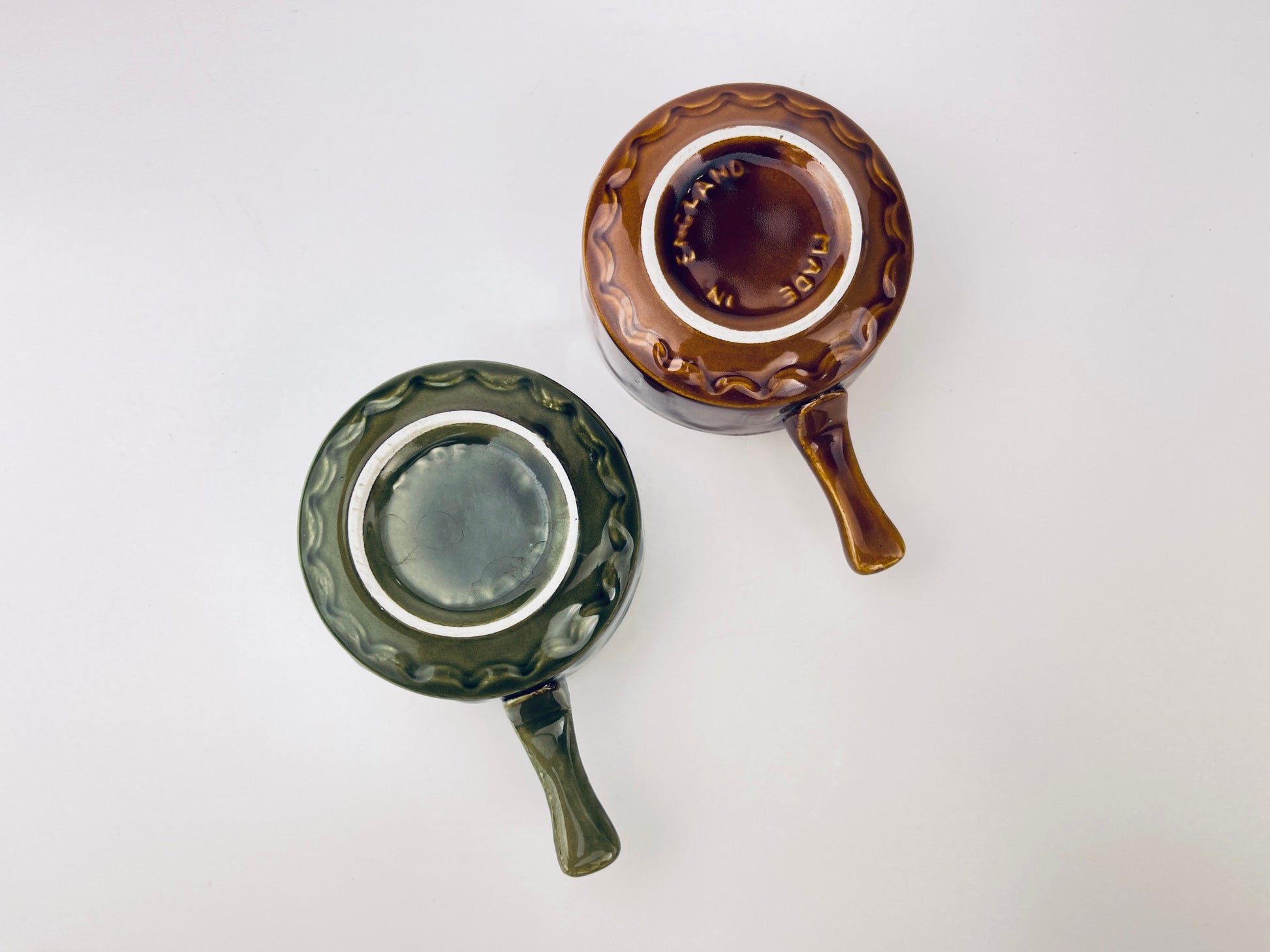 Product image for 'vintage english handled green brown drip glazed ceramic soup bowls set of two 2' (view a9f380)