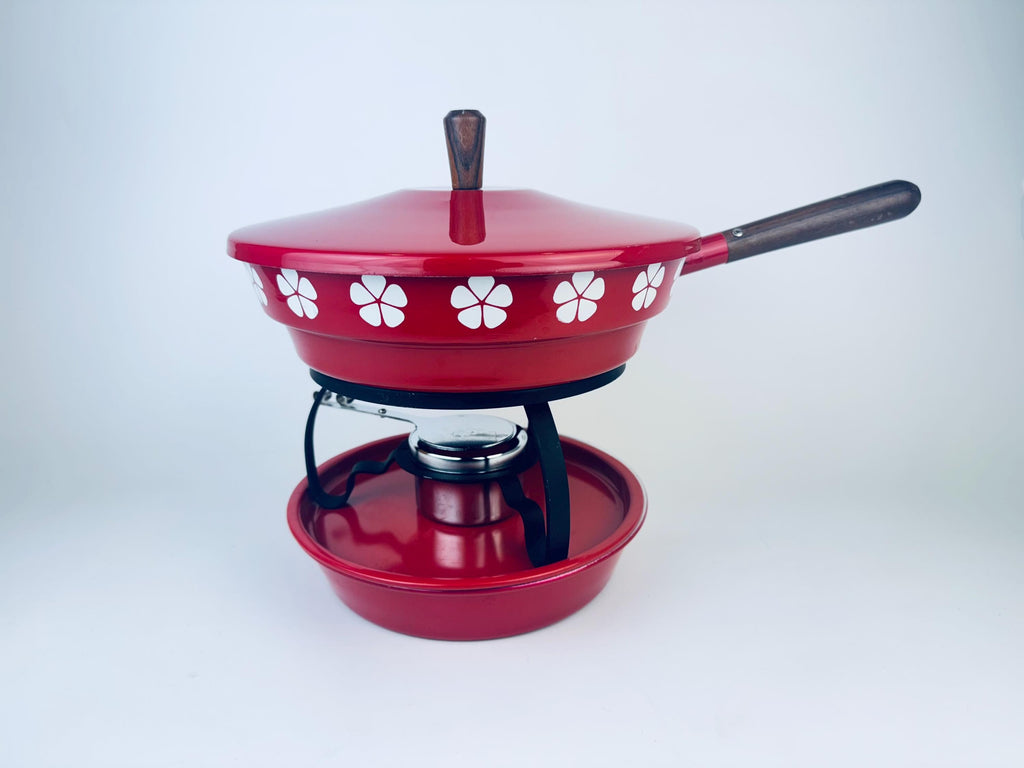 Product image for 'vintage red white floral metal fondue set wood accents made in japan by imperial' (view d839b6)