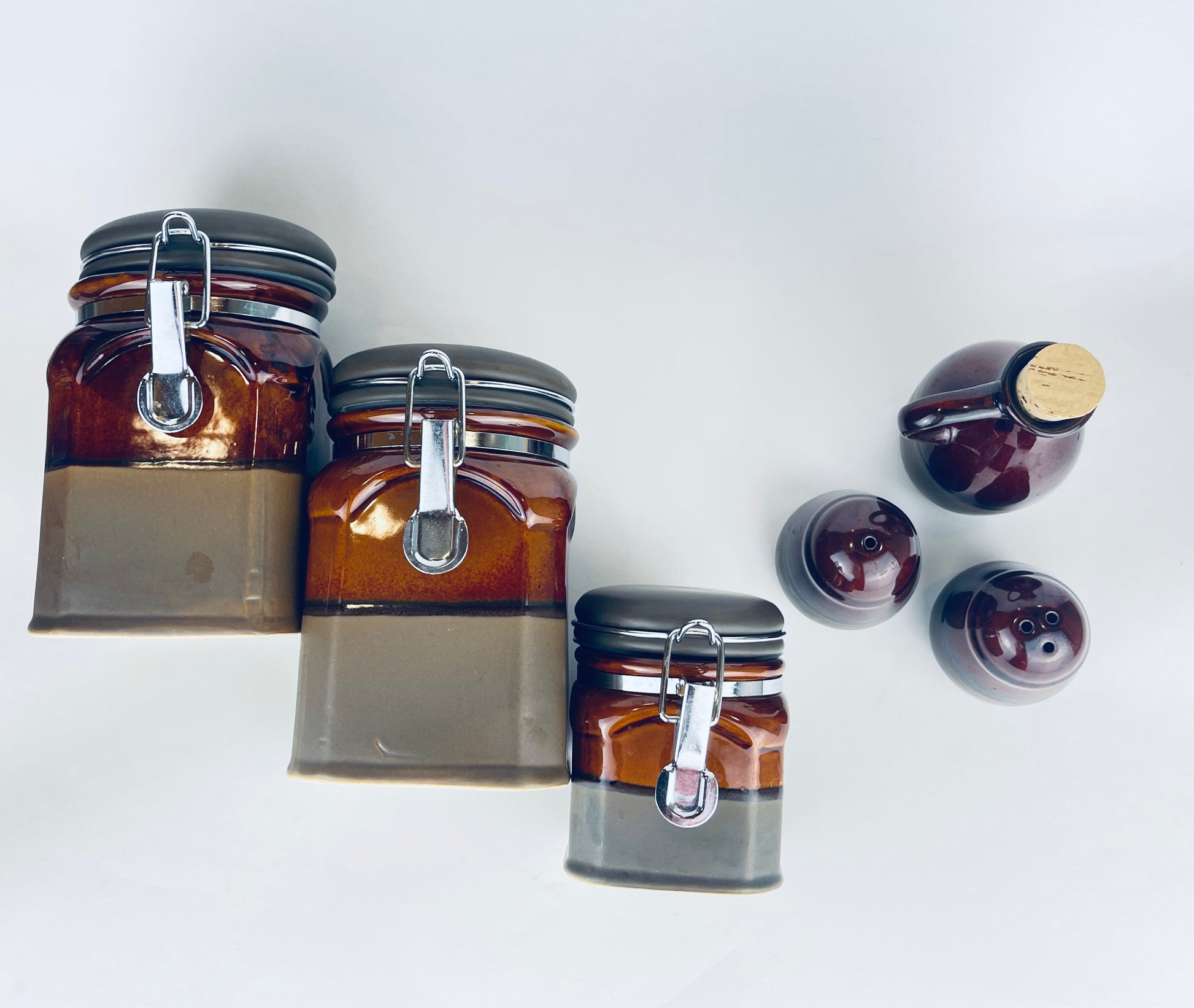 Product image for 'vintage brown grey drip glaze canister set salt pepper oil decanter included' (view 8c8110)