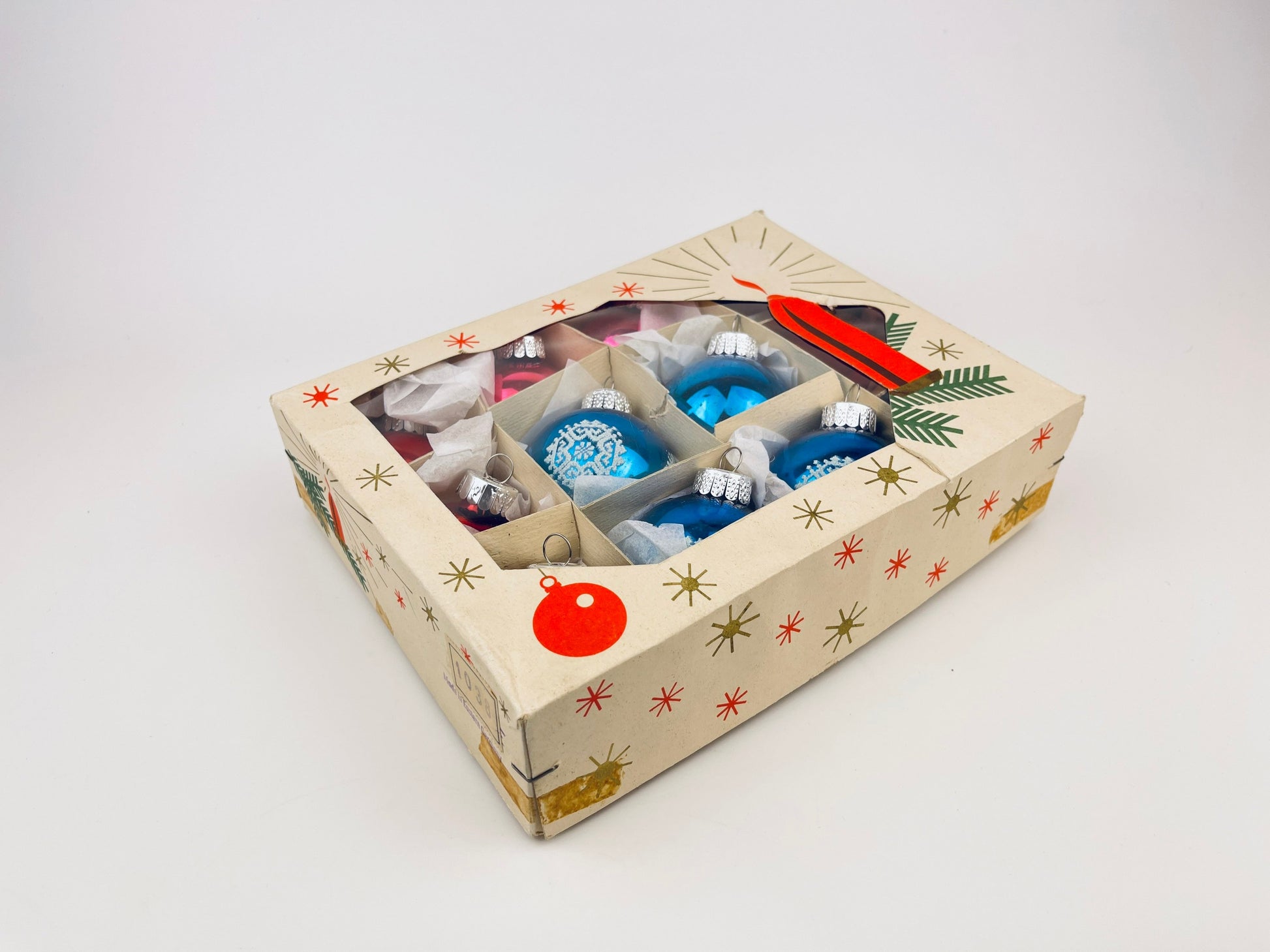 Product image for 'vintage shiny red blue pink glass christmas ornaments set of twelve 12 made in eastern germany' (view dff040)