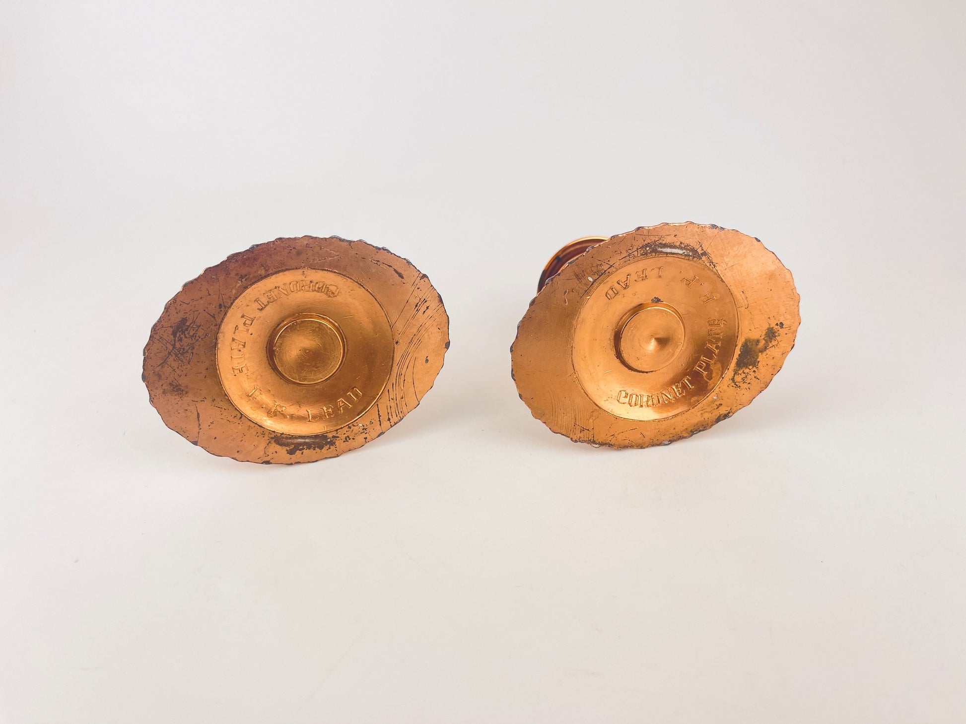 Product image for 'vintage copper plated candlestick holders set of two 2 coronet plate e p lead attractive aged metal patina' (view b30662)