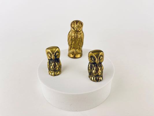 Product image for 'vintage small solid brass owl tabletop figurines attractive aged metal patina sold separately made in canada' (view e3b502)