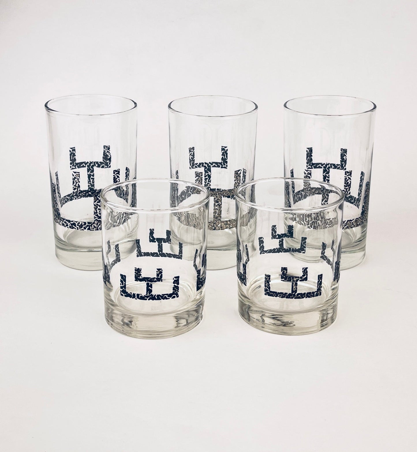 Product image for 'vintage libbey highball lowball glasses set of five 5 textured silver abstract line pattern' (view b0445a)