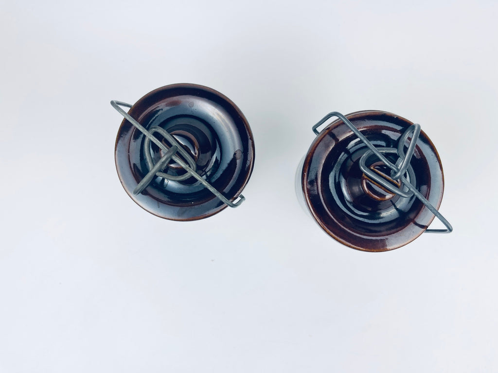 Product image for 'vintage brown drip glazed ceramic jar canister metal clasp top' (view 54d421)