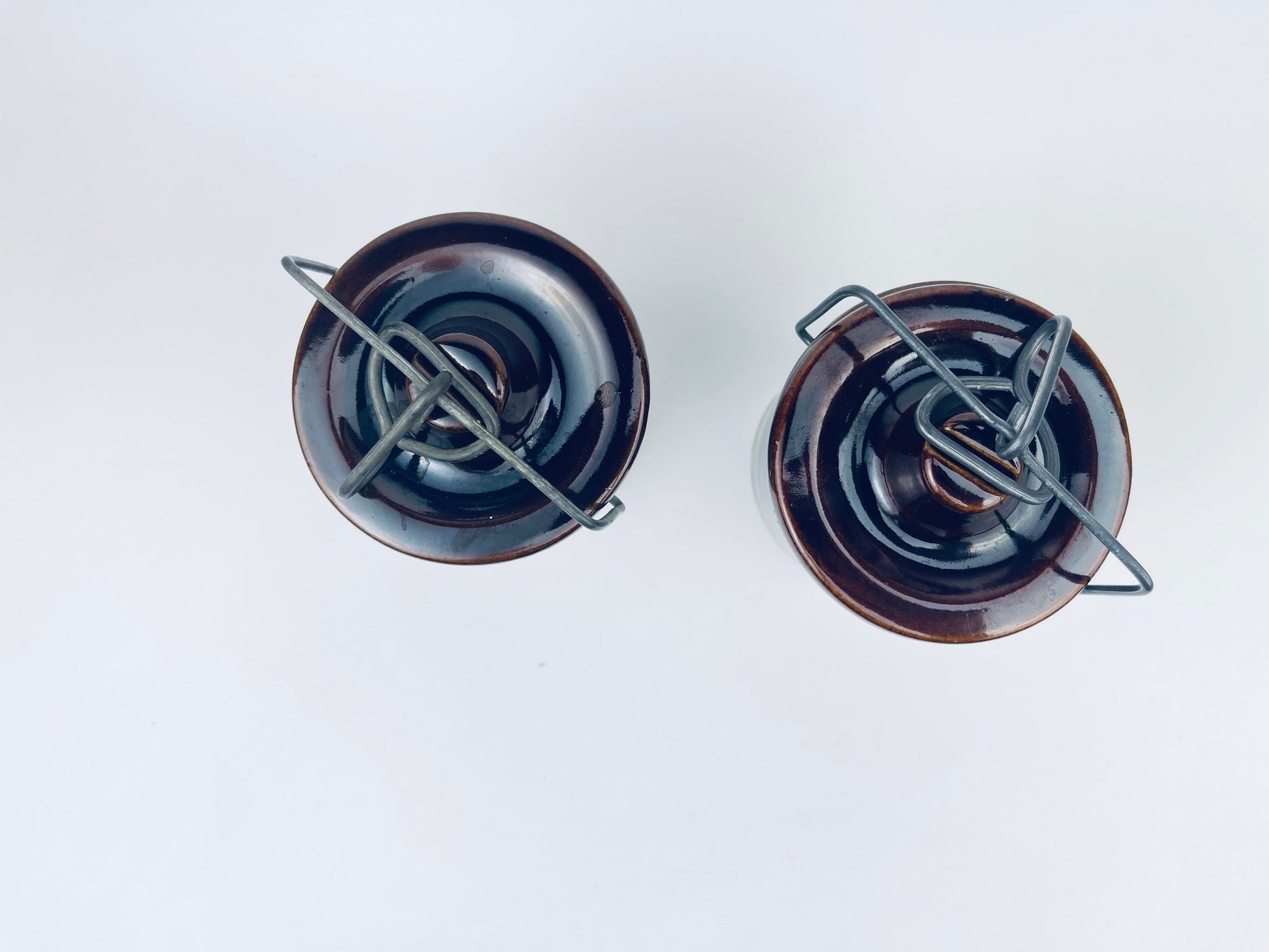 Product image for 'vintage brown drip glazed ceramic jar canister metal clasp top' (view 54d421)