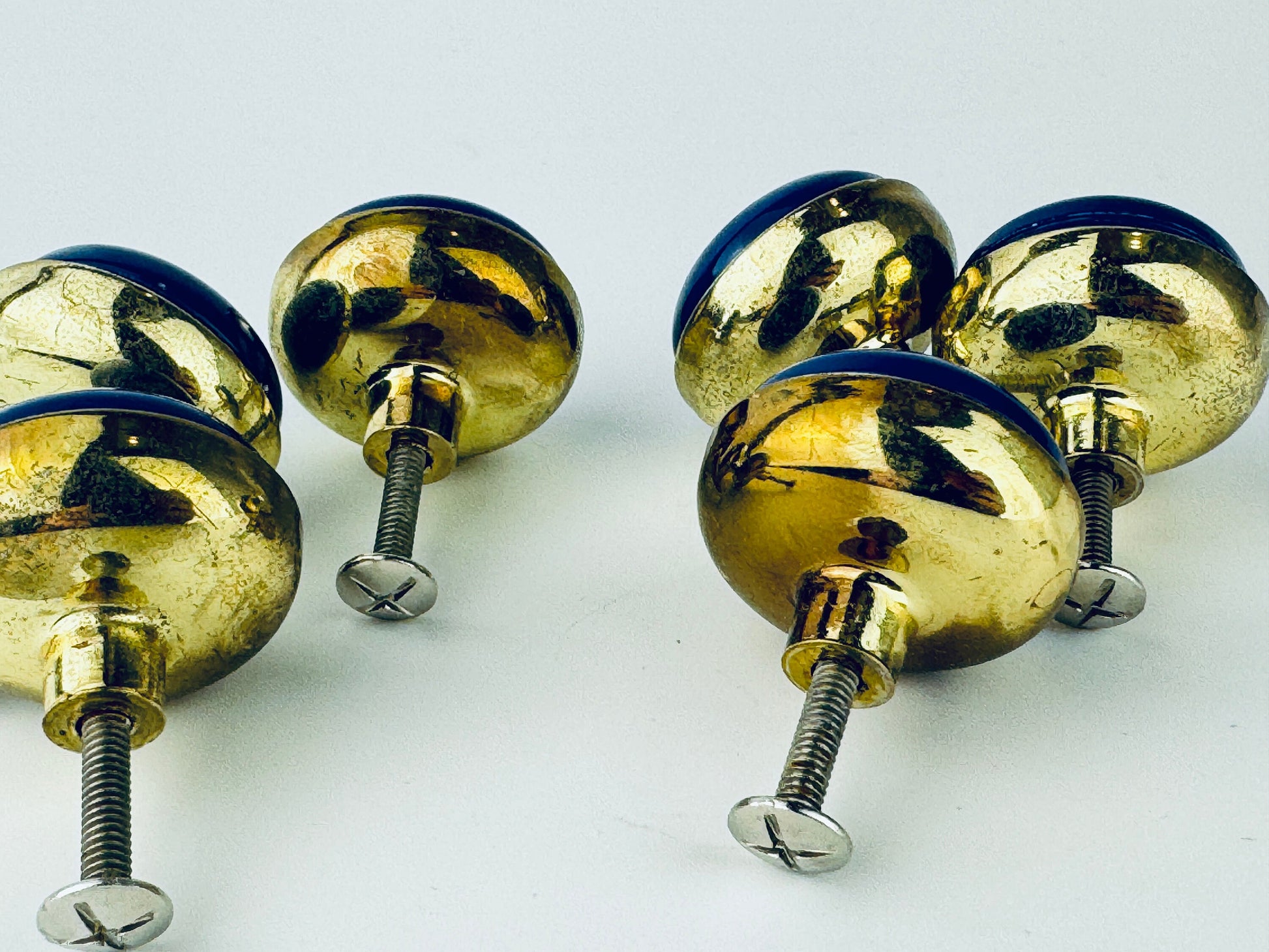 Product image for 'vintage 1980s blue plastic brass circular knob drawer pull hardware attractive aged brass patina' (view c50e55)