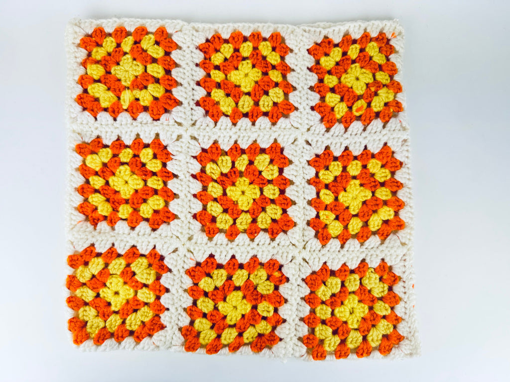 Product image for 'vintage handmade crocheted granny square accent pillow cover sham 14 x 14 orange yellow floral square' (view c16143)