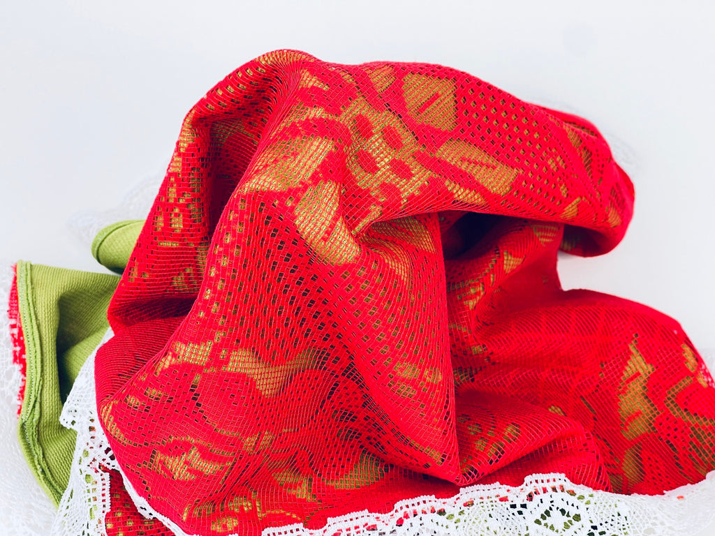 Product image for 'vintage christmas table runner poinsettia bells red green white lace pattern 16 5 x 44' (view 2023d5)