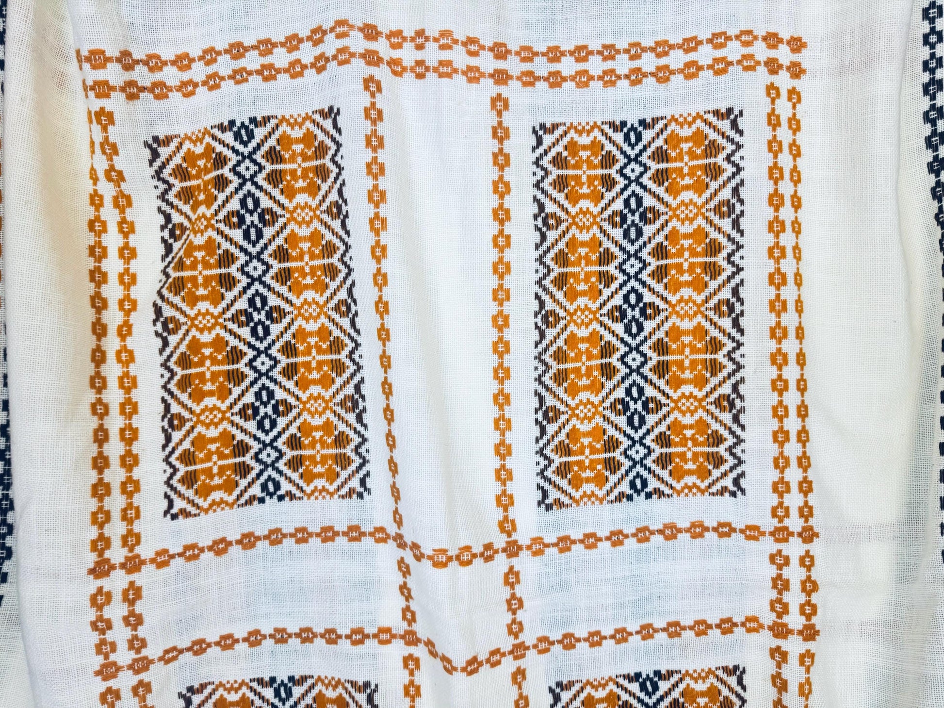 Product image for 'vintage embroidered brown orange geometric pattern beige table cloth 48 x 60' (view bead05)