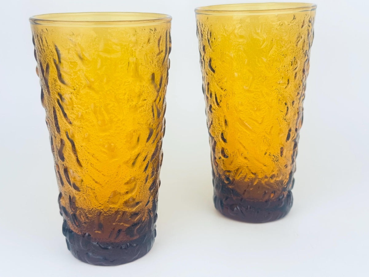 Product image for 'vintage amber milano crinkle glass tumblers 1960s anchor hocking bark texture highball set midcentury barware' (view 635f89)