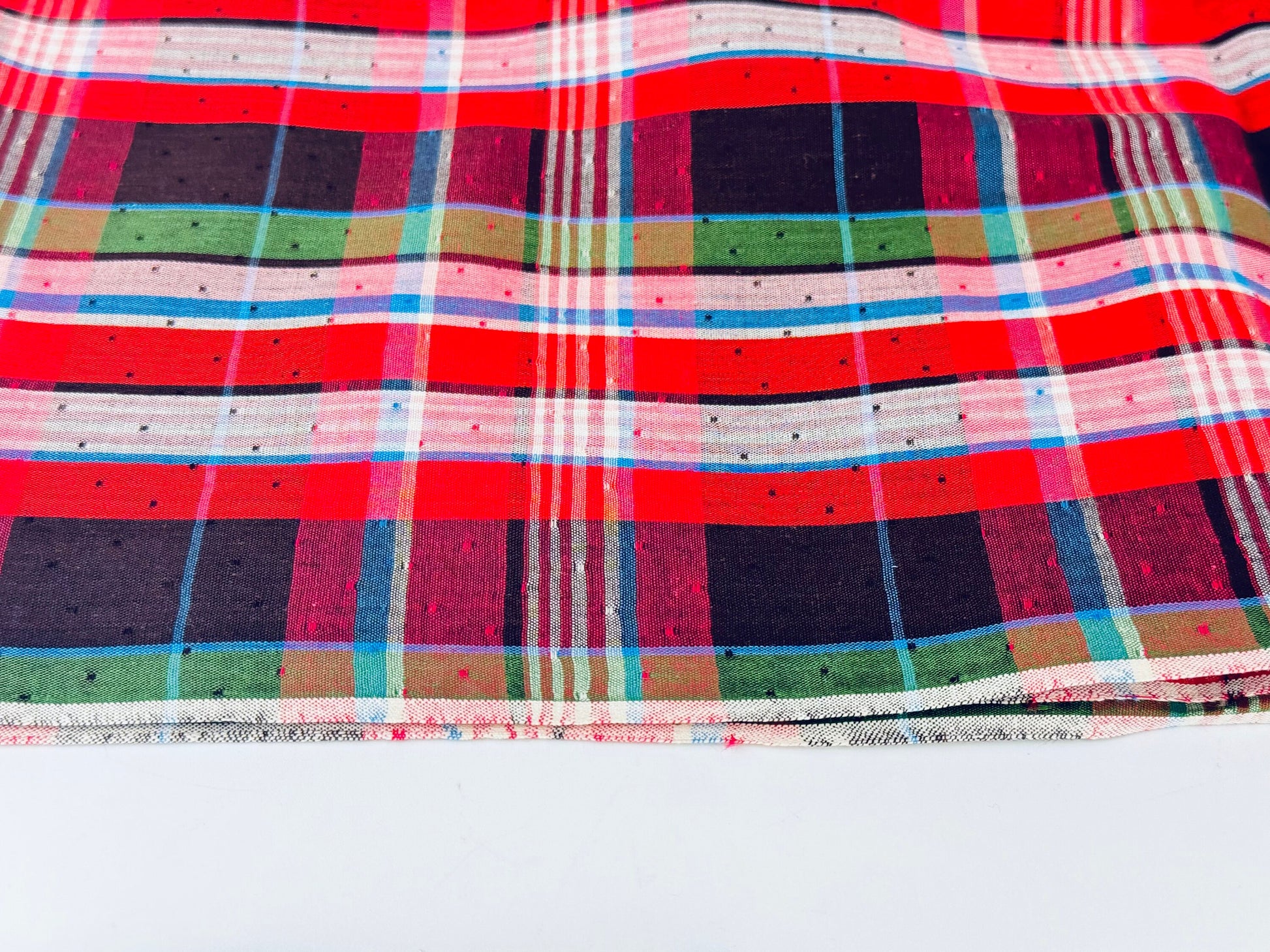 Product image for 'vintage red black plaid square dot polyester fabric 35 x 73' (view f74247)