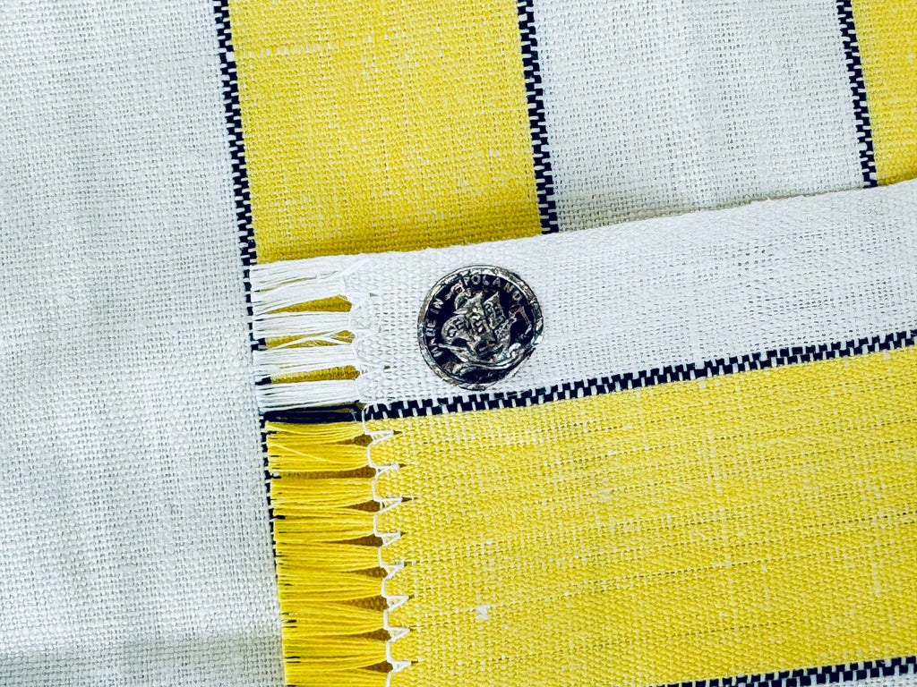 Product image for 'vintage yellow blue beige striped linen tea towel embroidered rooster front made in poland new old stock nos' (view 6a0268)