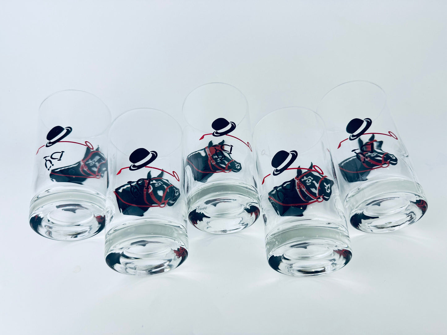 Product image for 'vintage racing kentucky derby hat horse equestrian drinking highball barware glasses federal glass set of five 5' (view f076d7)
