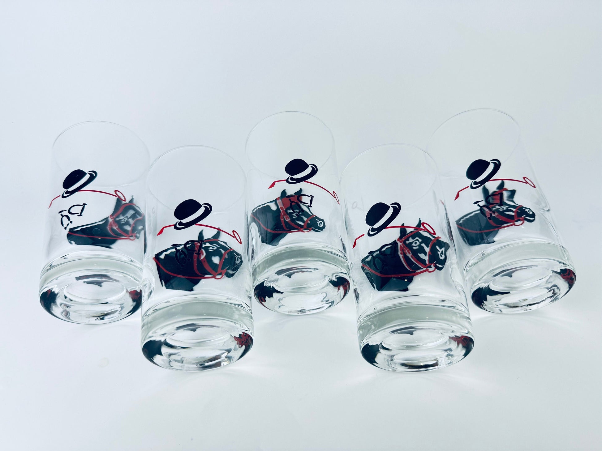 Product image for 'vintage racing kentucky derby hat horse equestrian drinking highball barware glasses federal glass set of five 5' (view f076d7)