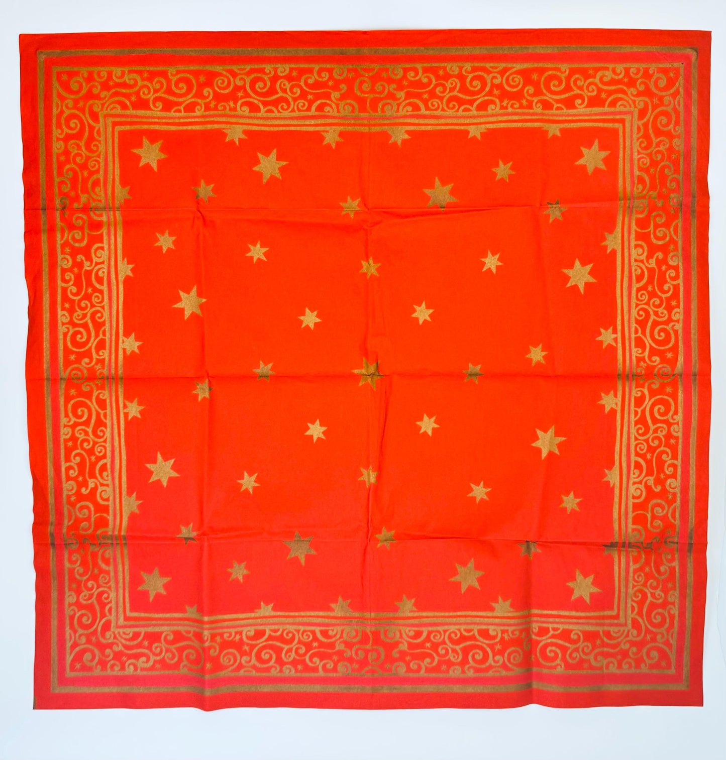 Product image for 'vintage square red gold deluxe spunbond fabric christmas tablecloth new old stock nos star scroll pattern' (view 6d28c8)