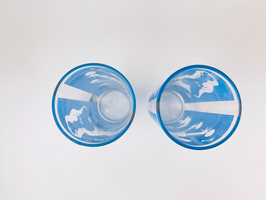 Product image for 'vintage blue frosted dancing silhouette highball zombie glasses set of two 2 juice barware glasses' (view daa92f)