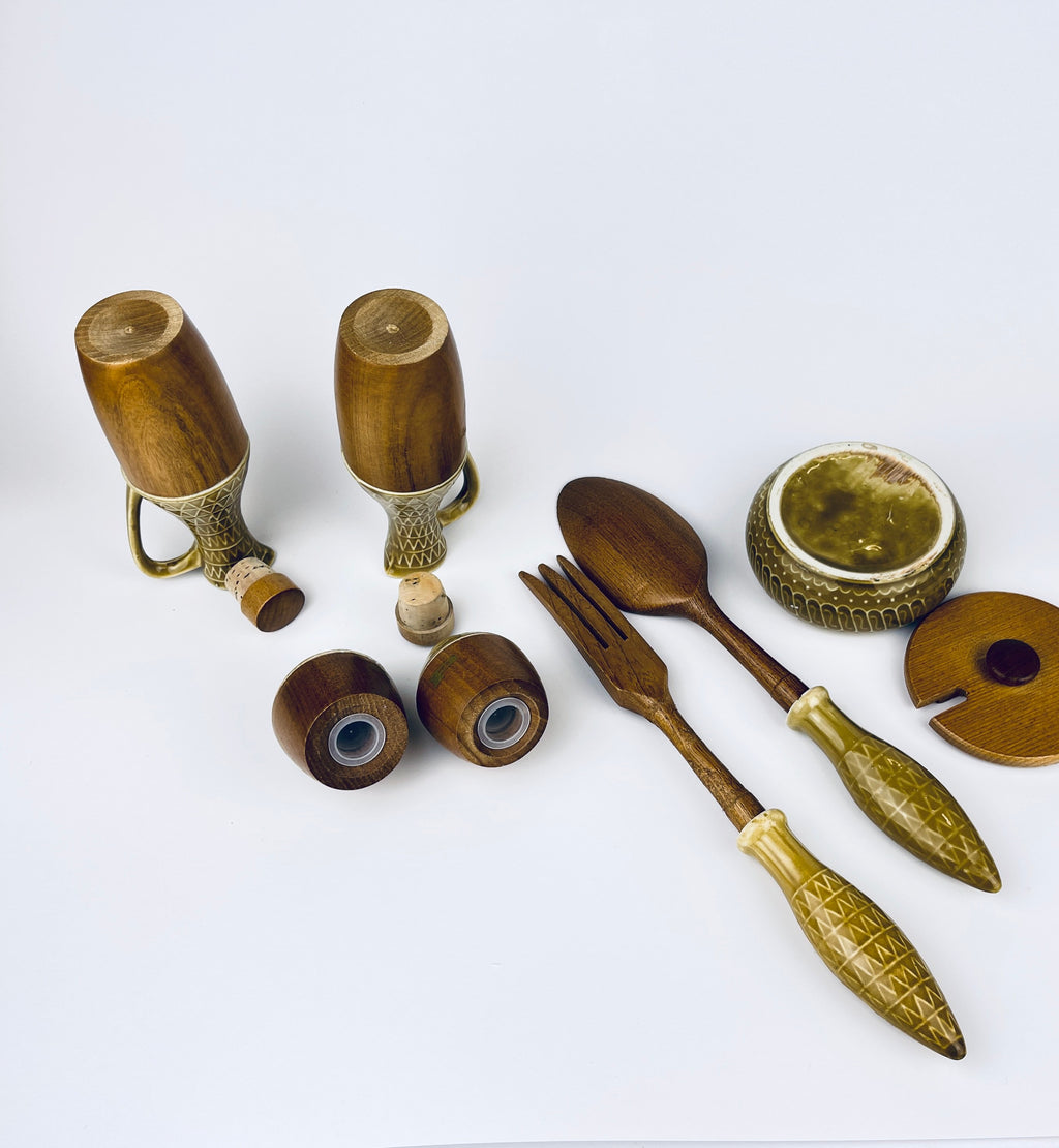 Product image for 'vintage continental condiment table set oil vinegar salt pepper dip fork spoon utensils' (view cb8c26)