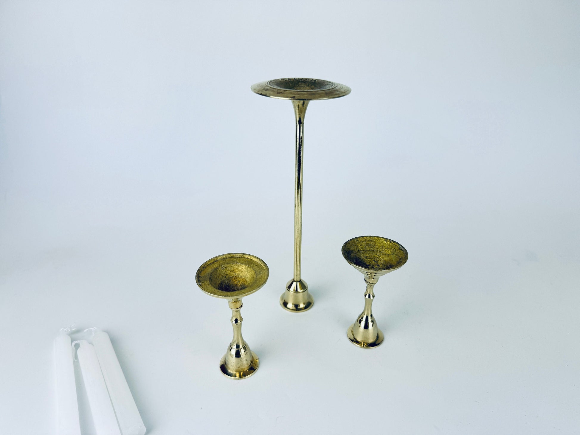 Product image for 'vintage tabletop brass small mini spell prayer candle stick holders mixed lot of three 3 attractive aged metal patina' (view 6b5f57)