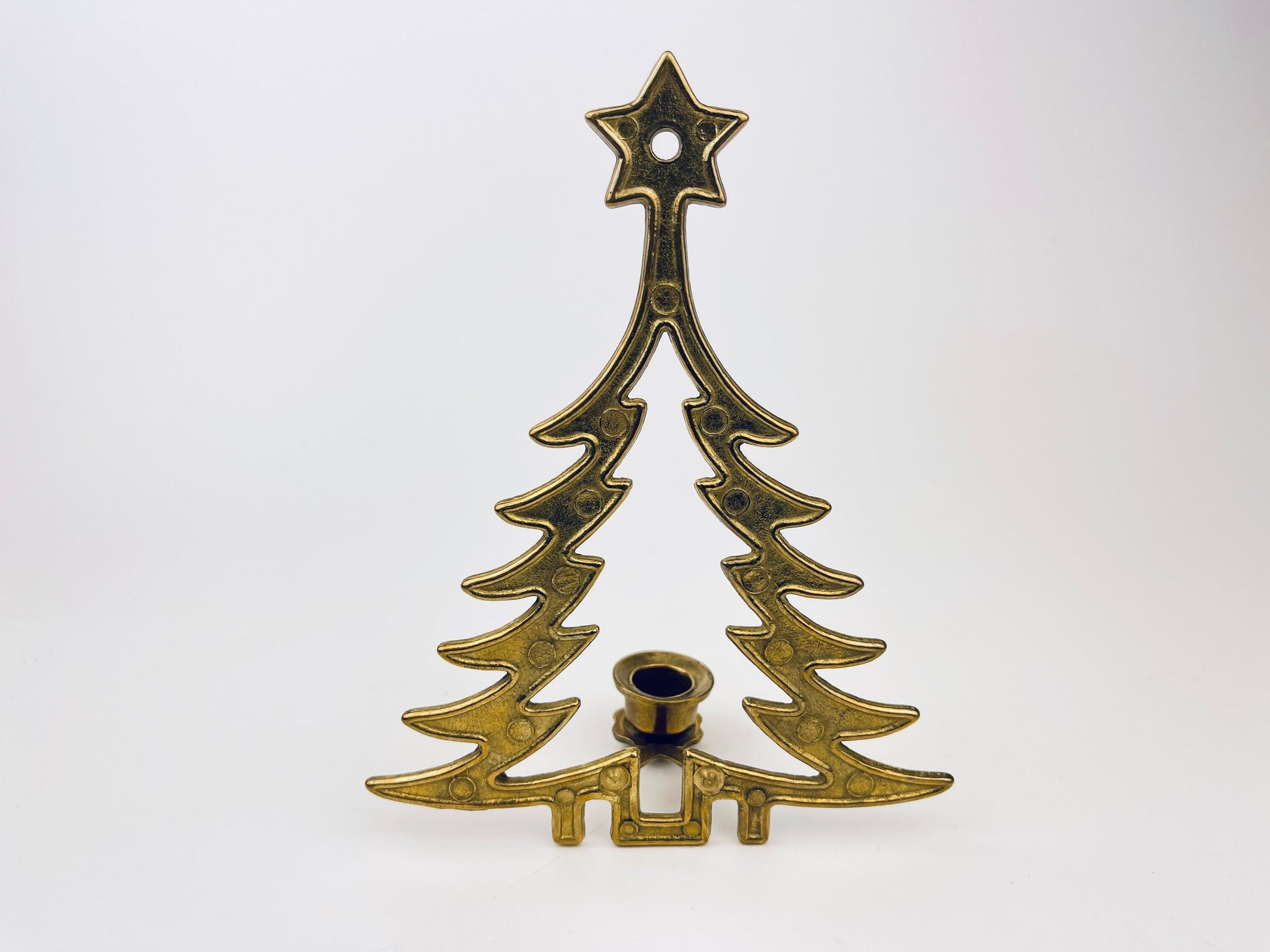 Product image for 'vintage brass christmas tree candelabra single candlestick holder aged metal patina made in italy' (view c9490e)