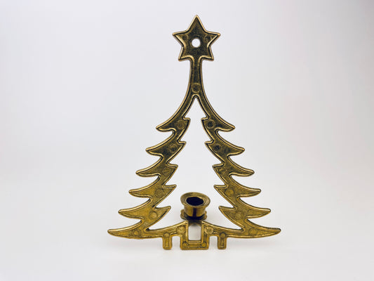 Product image for 'vintage brass christmas tree candelabra single candlestick holder aged metal patina made in italy' (view c9490e)