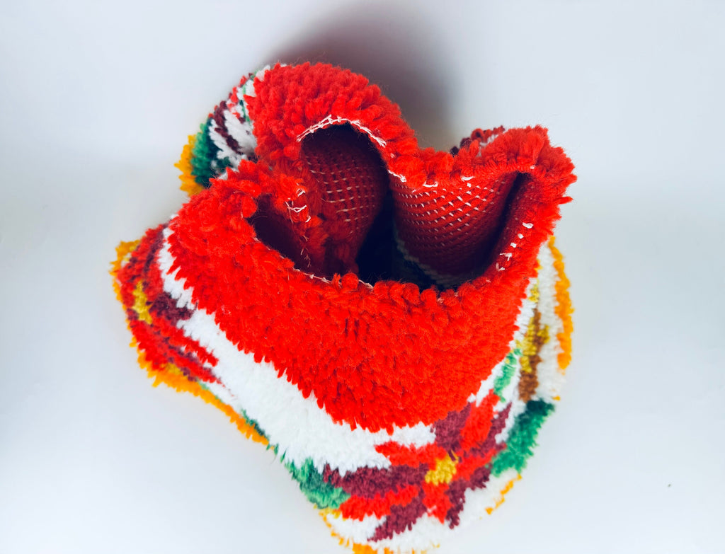 Product image for 'vintage handmade latch hook crocheted christmas tree skirt red poinsettia golden bell pattern' (view ccddc2)