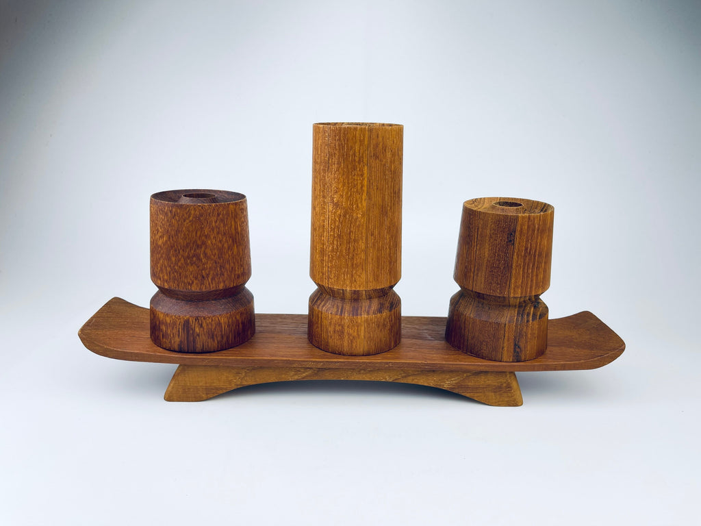 Product image for 'vintage mcm wooden candle holder centrepiece set of three 3 made in canada by north saskatchewan indians la ronge industry' (view f4244c)