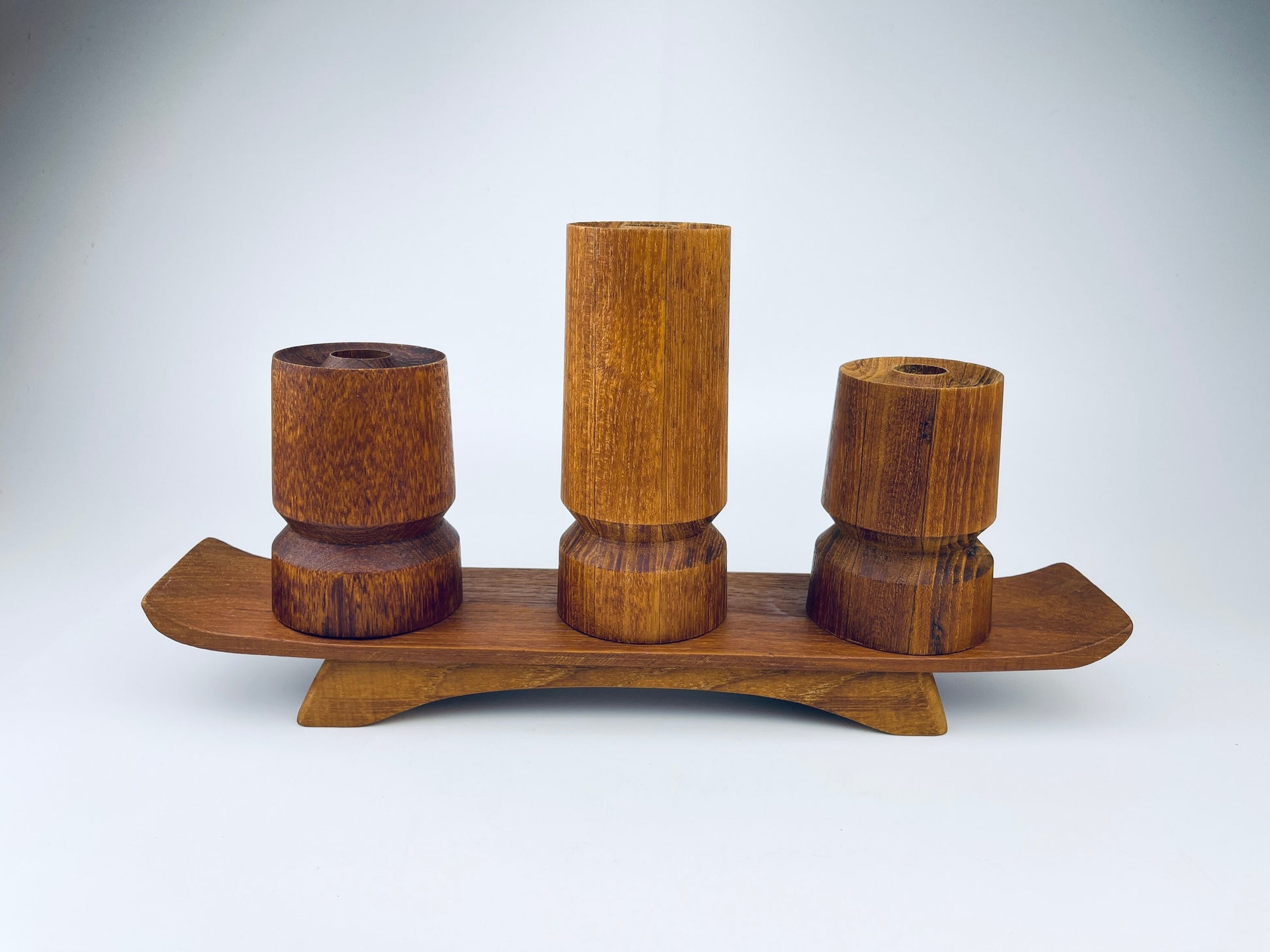 Product image for 'vintage mcm wooden candle holder centrepiece set of three 3 made in canada by north saskatchewan indians la ronge industry' (view f4244c)