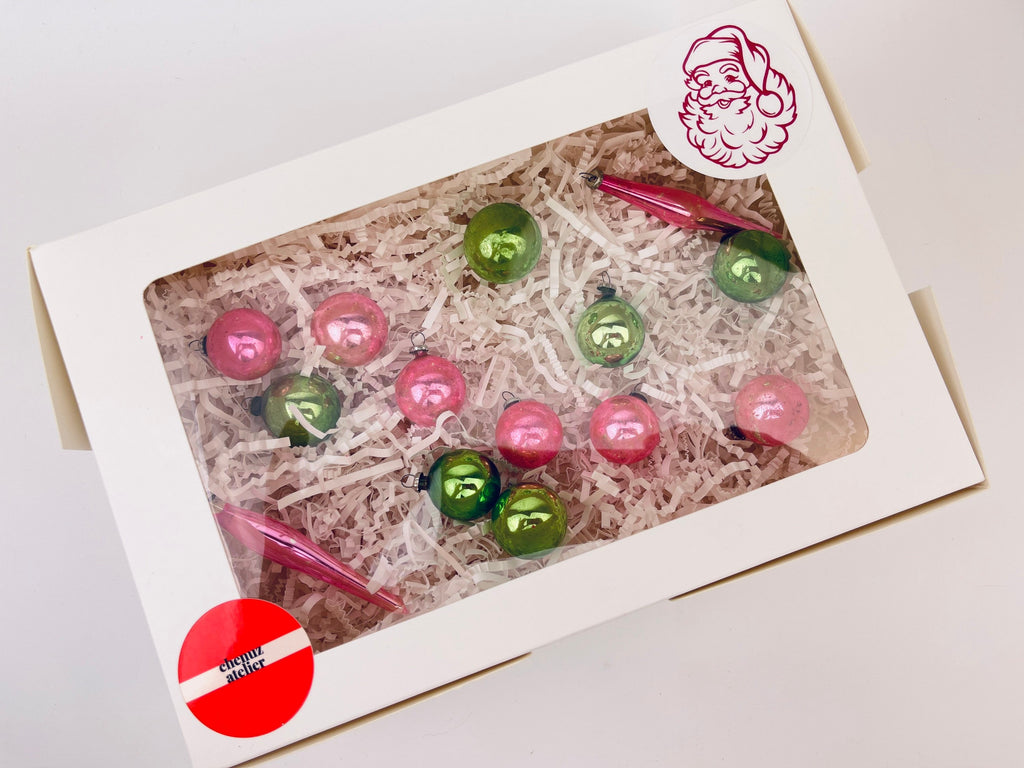 Product image for 'vintage mini pink green glass christmas ornaments set of 14 round icicle 1950s' (view 449923)