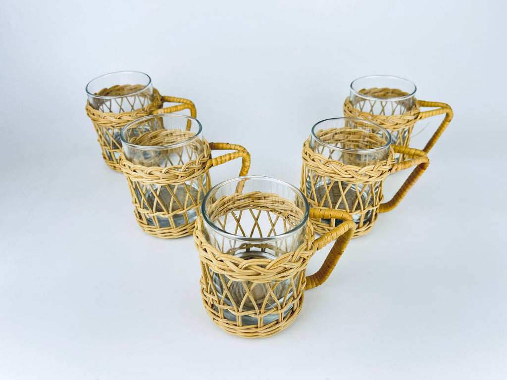 Product image for 'vintage boho woven wicker glass handled cup mugs set of five 5' (view 8d158b)