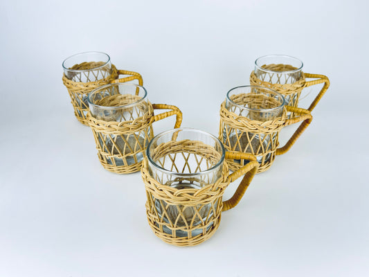 Product image for 'vintage boho woven wicker glass handled cup mugs set of five 5' (view 8d158b)