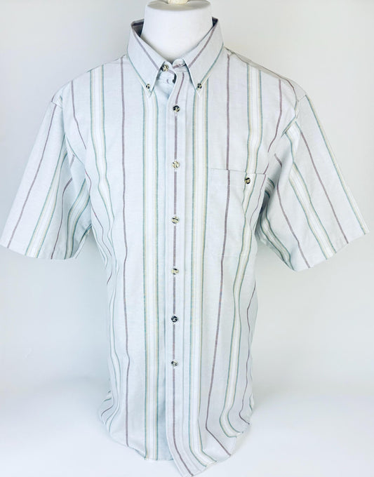 Product image for 'vintage oakton 1990s short sleeve button down grey striped shirt size x large xl made in usa' (view 4129a8)