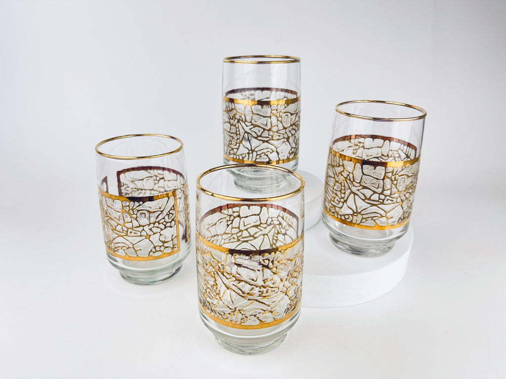 Product image for 'vintage gold textured crackle ice glass set set of four 4 lowball barware glasses barware gift' (view e08b99)