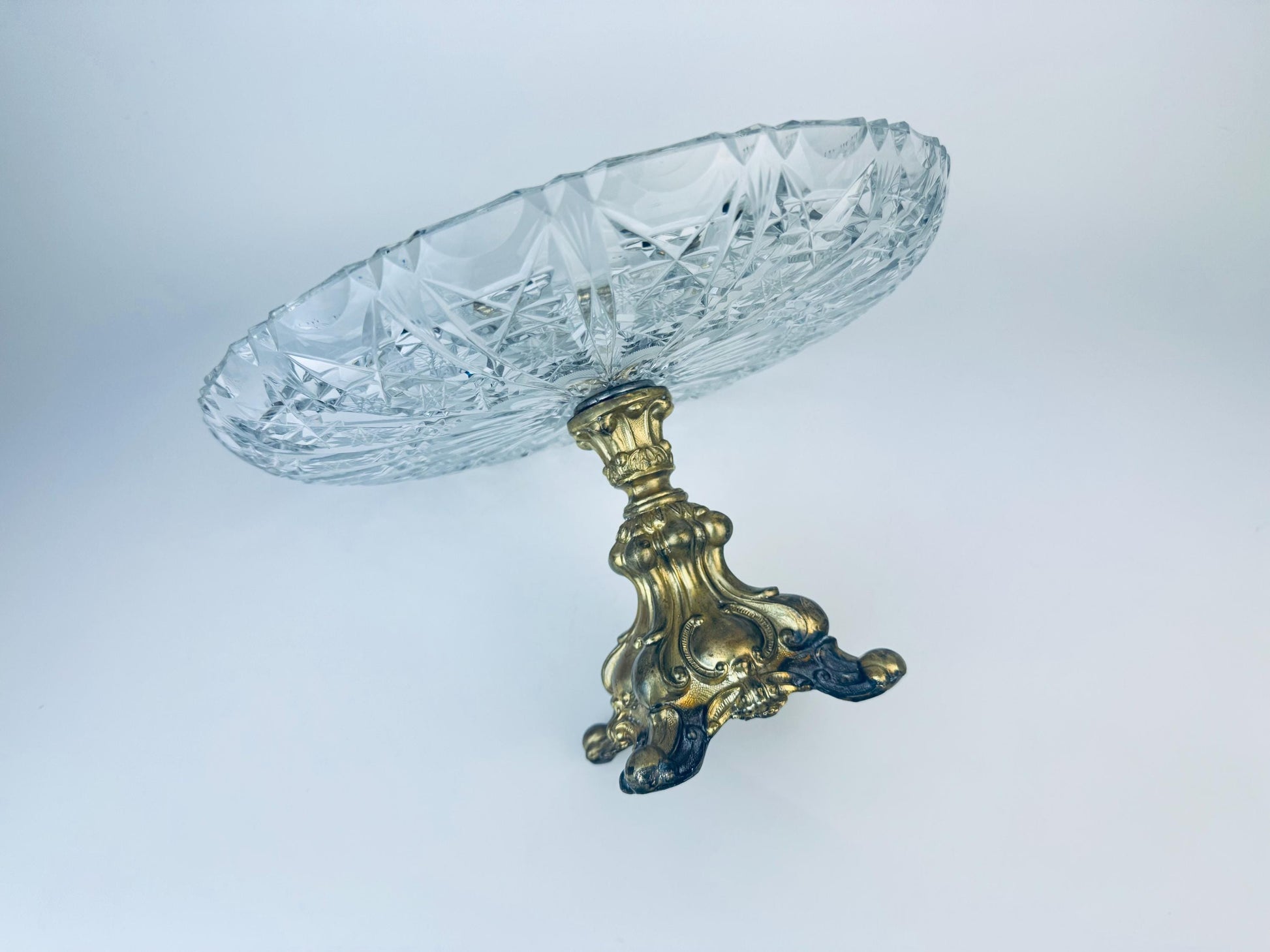 Product image for 'vintage ornate cut crystal cast brass pedestal platter attractive aged metal patina' (view d4d4a8)