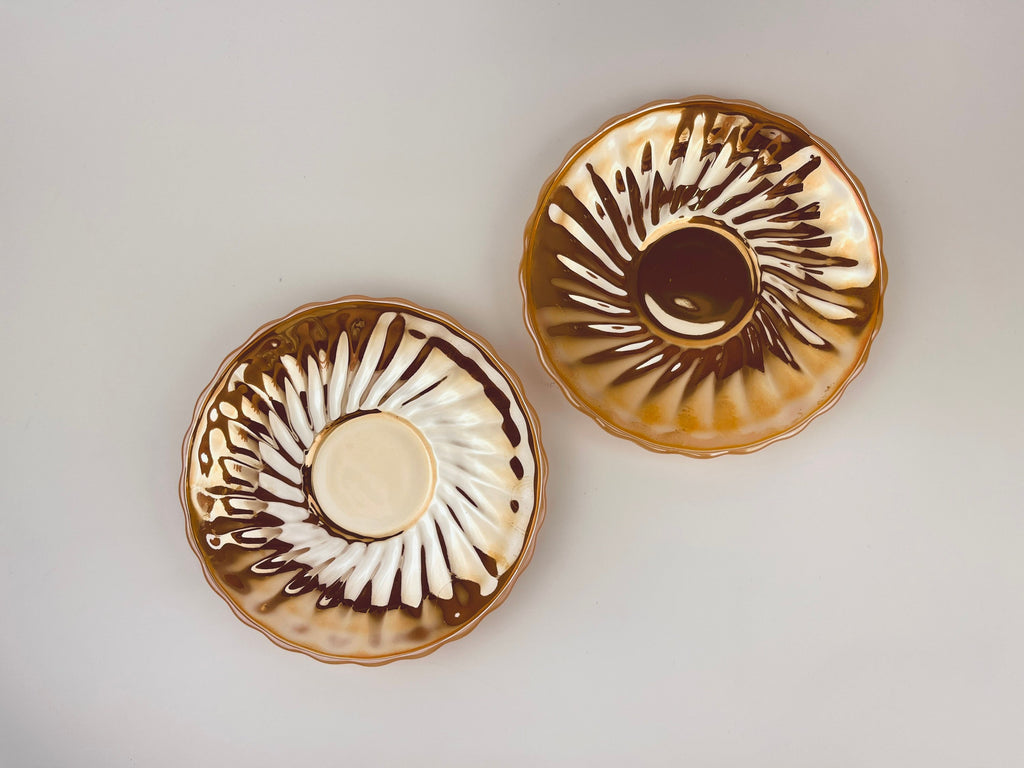 Product image for 'vintage peach lustreware swirl demitasse espresso saucer plate replacement anchor hocking fire king made in usa set of two 2' (view ca8228)