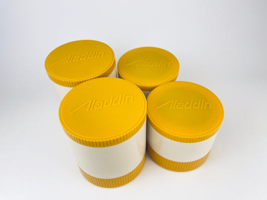 Product image for 'vintage 70s aladdin yellow beige thermos insulated vacuum sealed jar sold individually made in canada freezer lid' (view 3892bc)