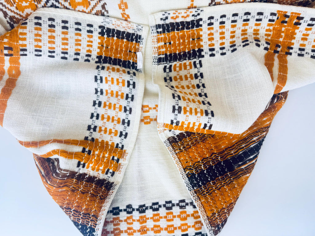 Product image for 'vintage embroidered brown orange geometric pattern beige table cloth 48 x 60' (view 76d607)