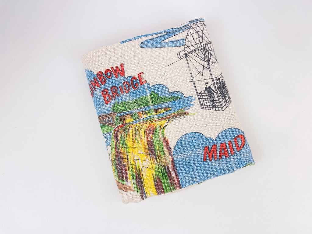 Product image for 'vintage niagara falls canada tea towel multicolour 1960s linen souvenir maid of the mist horseshoe falls floral clock' (view ce2b60)