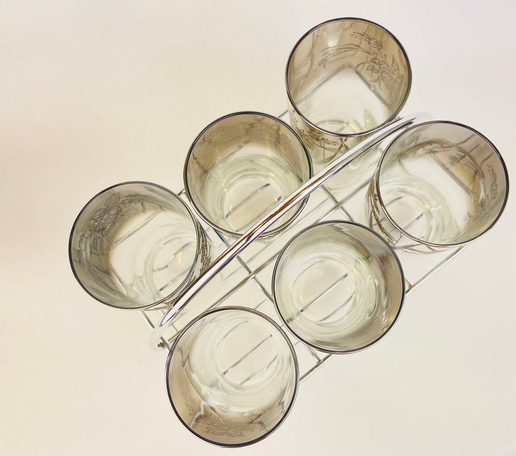 Product image for 'vintage dorothy thorpe silver ombre fade highball glass set rose flower embossed top metal chrome caddy set of six 6' (view 198434)