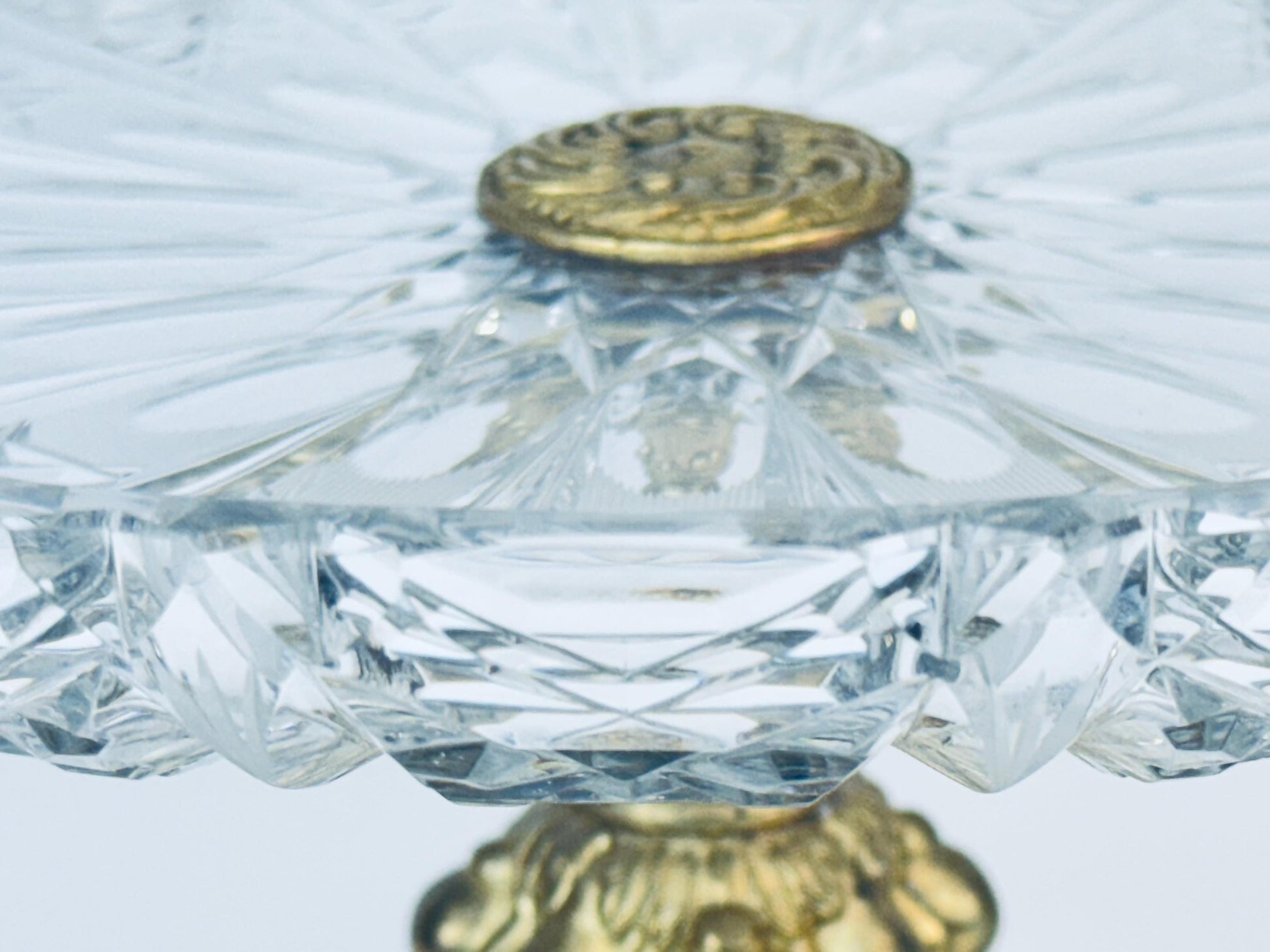 Product image for 'vintage ornate cut crystal cast brass pedestal platter attractive aged metal patina' (view 40a255)