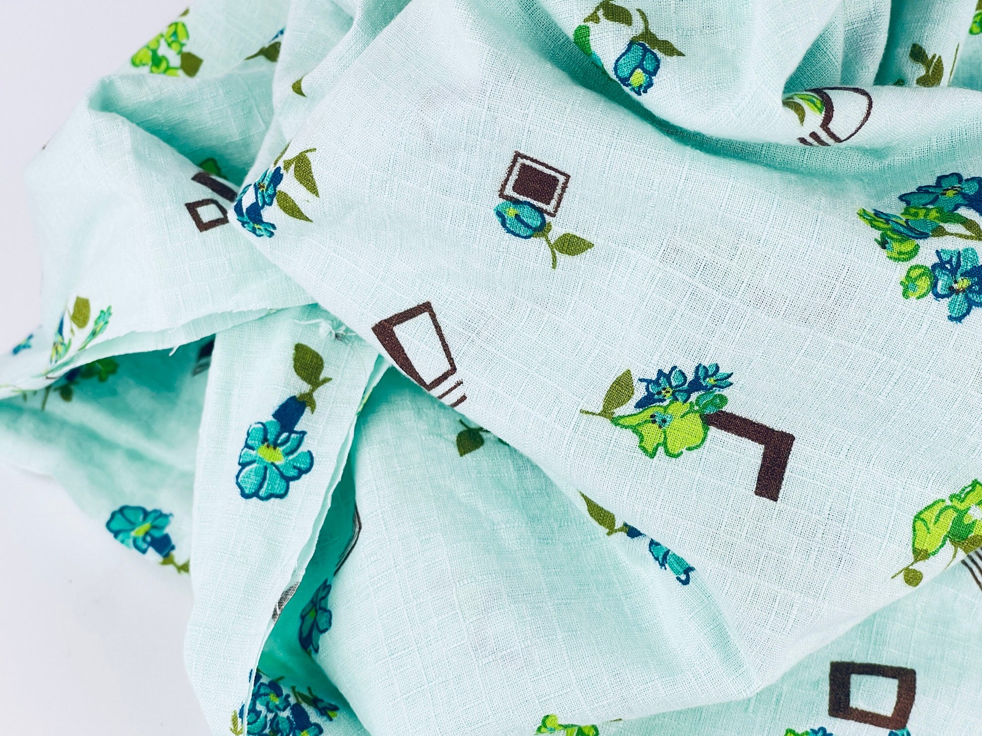 Product image for 'vintage mint green brown floral lightly textured fabric material 41 x 61' (view 67a035)