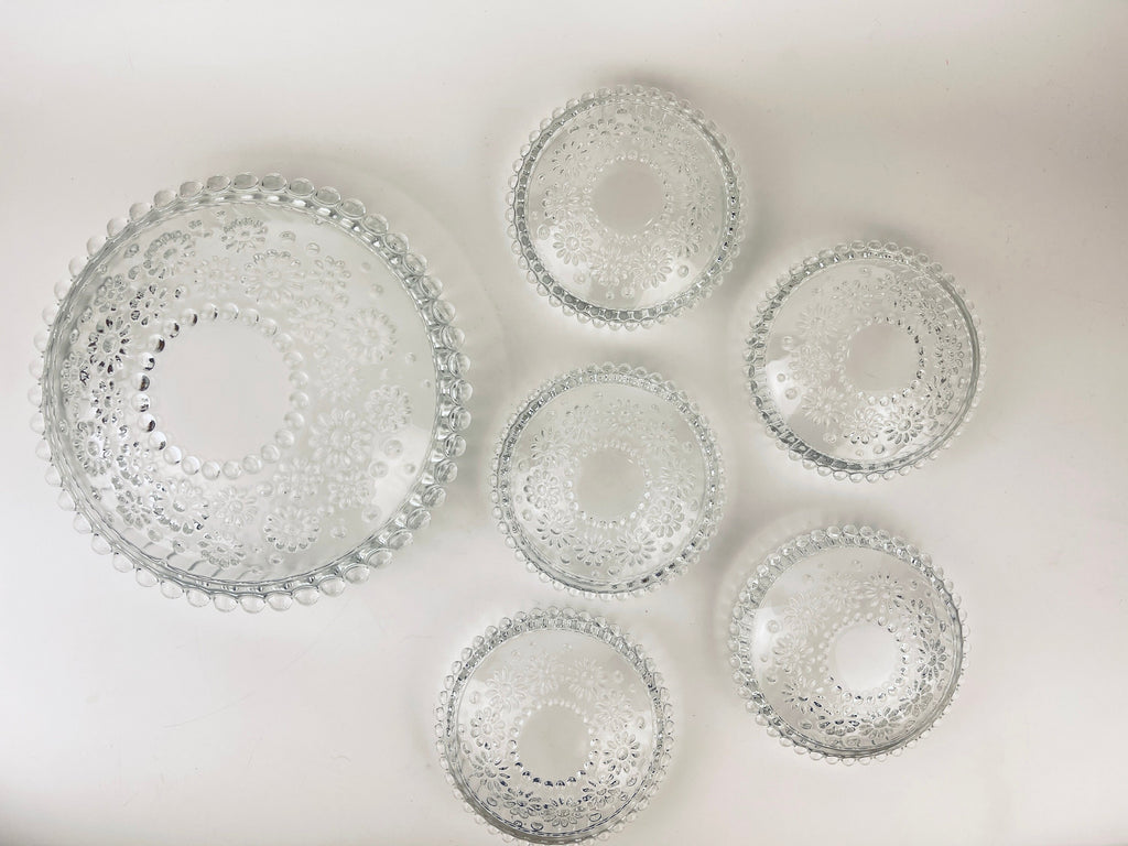 Product image for 'vintage clear crystal glass hobnail daisy floral bowl serving set made in germany by walther glas fabiola line set of five 5' (view c65de1)