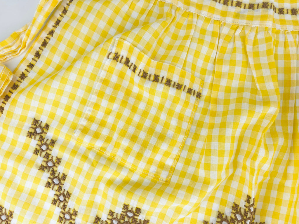 Product image for 'vintage yellow white gingham embroidered waist apron right pocket detail' (view 713c43)