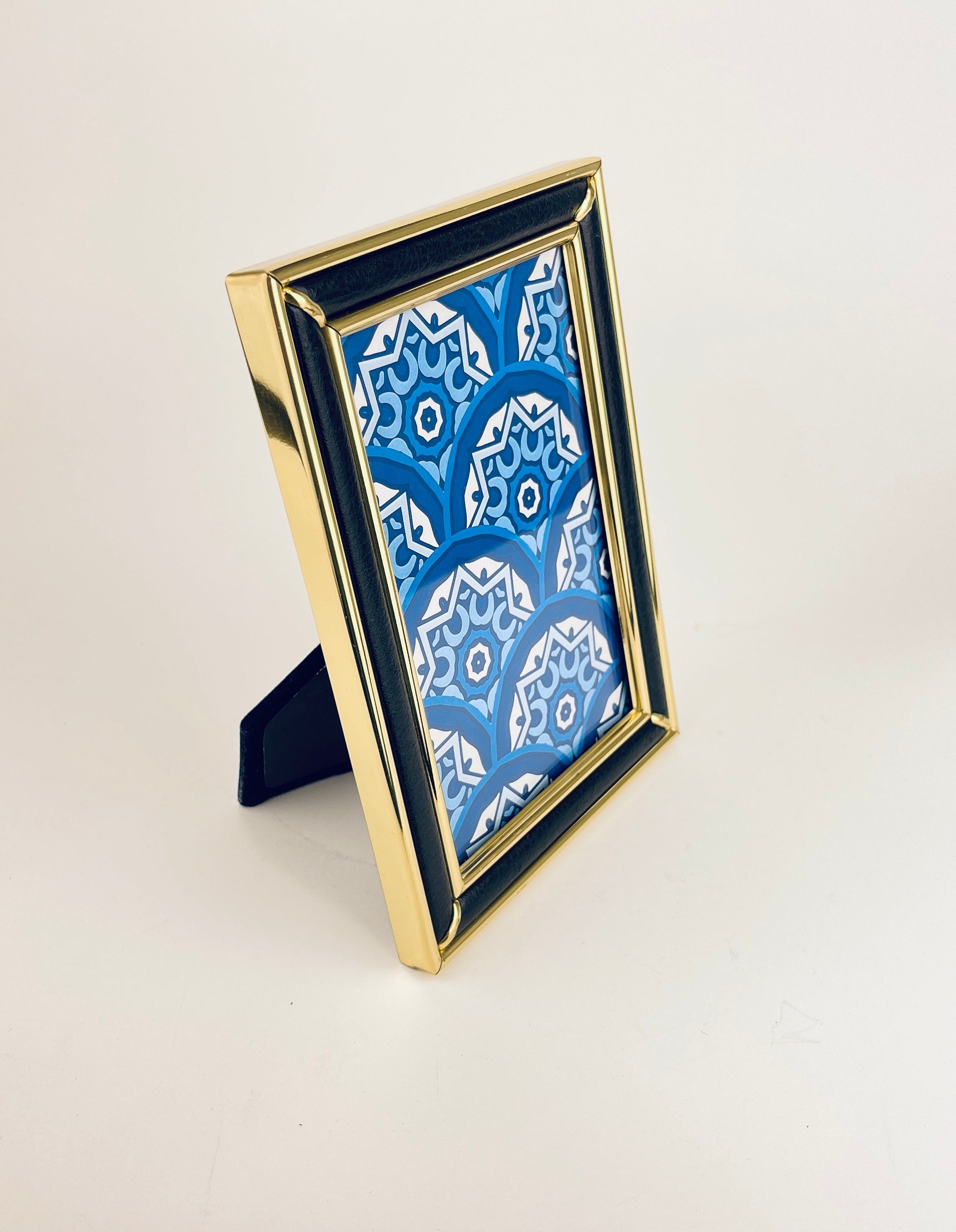 Product image for 'vintage brass black pleather picture frame 5 x 7' (view e4ec8c)