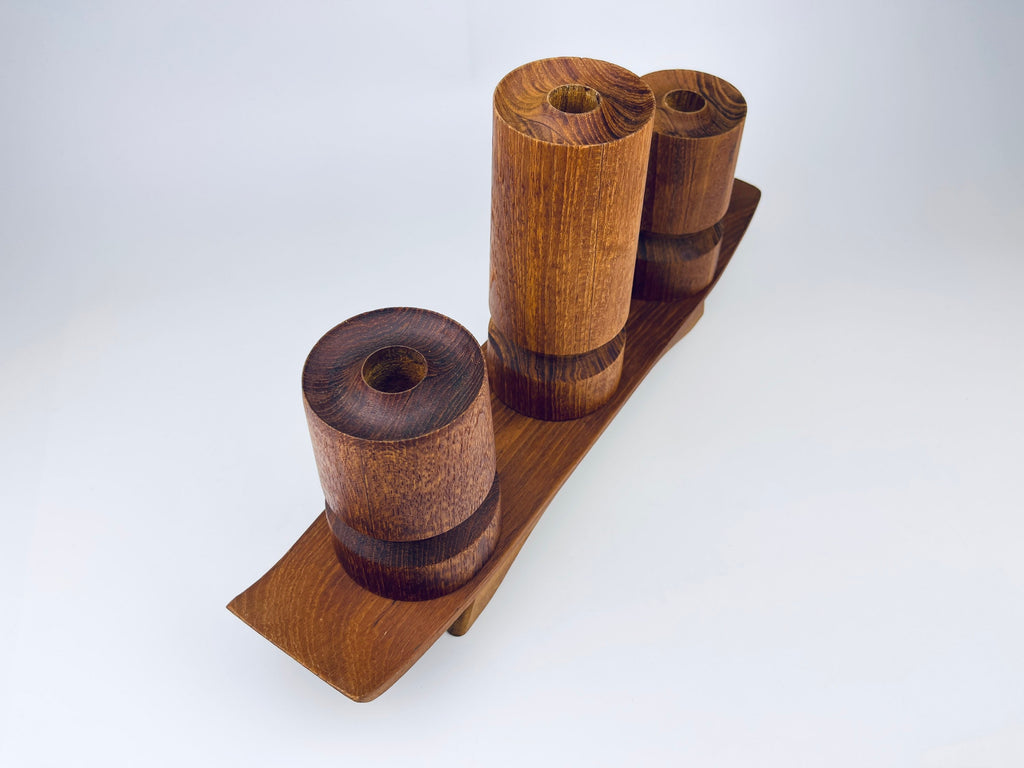 Product image for 'vintage mcm wooden candle holder centrepiece set of three 3 made in canada by north saskatchewan indians la ronge industry' (view d7af8c)