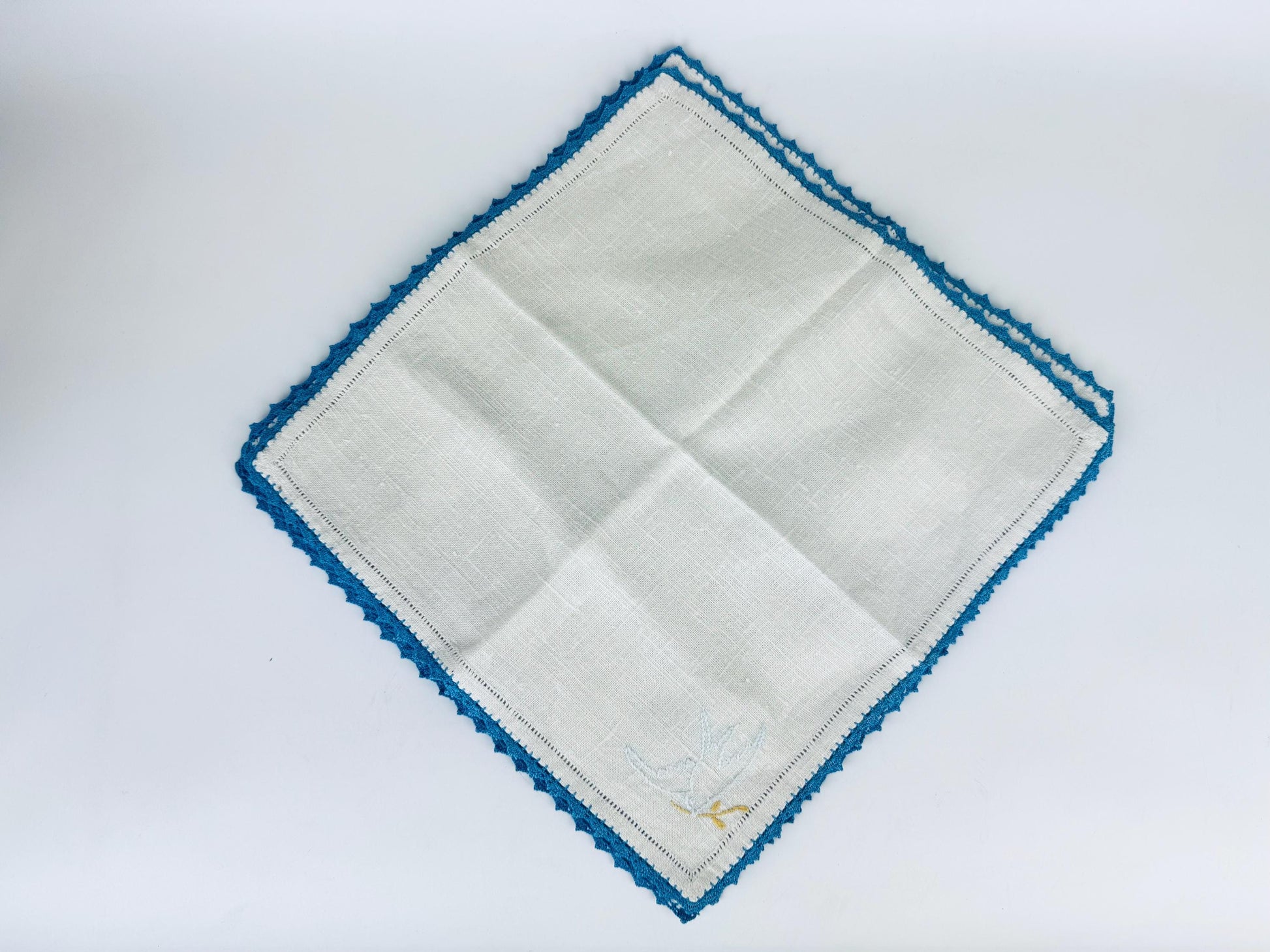 Product image for 'vintage 1940s embroidered linen napkins beige blue lace edge bird motif set of 4 table linens' (view 5ab52f)